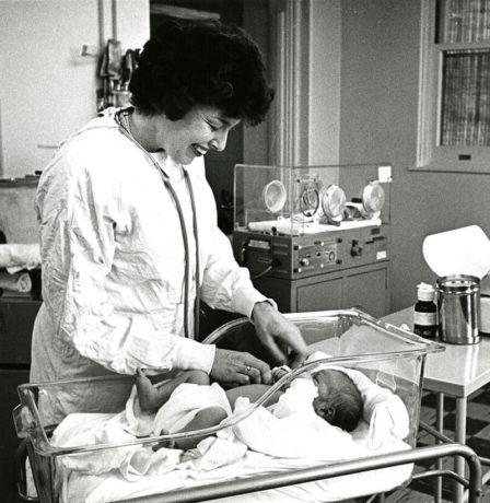 Morning rounds in the Newborn Nursery circa 1960 at the start of her 60+ years on faculty at URSMD.