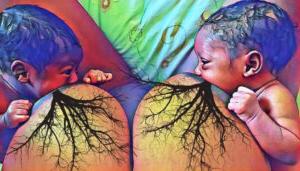 Artistic photo of two newborn babies breastfeeding. 