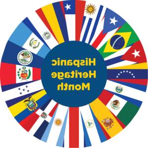 Image of a circle with the flags of different countries. The words "Hispanic Heritage Month" are in the middle of the circle.